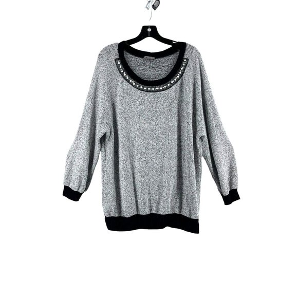West Kei Women's Black White Knit Tunic Sweater Size XL Rhinestones Pearl Neck - Picture 1 of 10